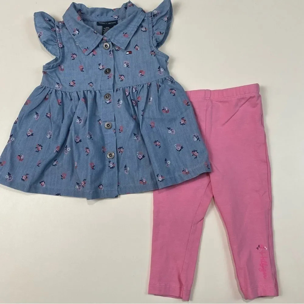 Tommy Hilfiger chambray floral blouse and legging set, size 12M